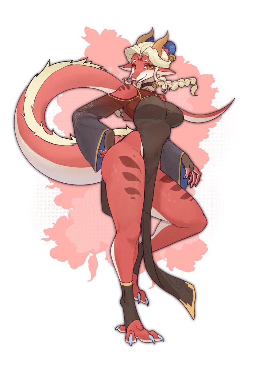 给红红的摸鱼～ A female dragon, her form embodying an eastern aesthetic.