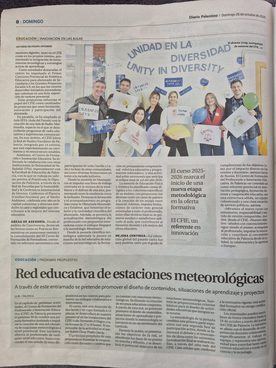 📣 Gracias a <a href="/DiarioPalentino/">Diario Palentino. Palencia</a> por dedicar un espacio a la labor formativa del CFIE de Palencia.
Seguimos trabajando con los centros y el profesorado para impulsar la innovación, la colaboración y la mejora continua en las aulas de #Palencia 
<a href="/educacyl/">Educación JCyL</a>
#formacyl
#innovacyl