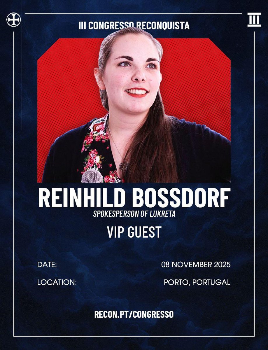 Reinhild Bossdorf, die Vorsitzende der Lukreta, wird am 8. November beim Reconquista-Kongress von Afonso Gonçalves in Porto anwesend sein 🇩🇪🇵🇹

<a href="/Lukreta_/">Lukreta</a> <a href="/AfonsoJFG/">Afonso Gonçalves</a>