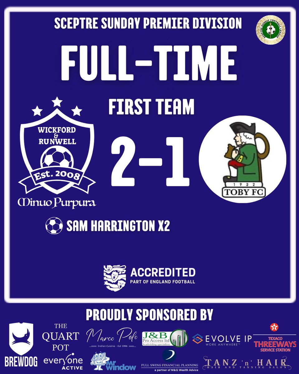 Wickfordutd's tweet image. Down to 10 men and a goal down, our first team put in a massive performance to turn the game around and take all 3 points against @tobyfcsunday 💜

#minuopurpura #football #sundayleague