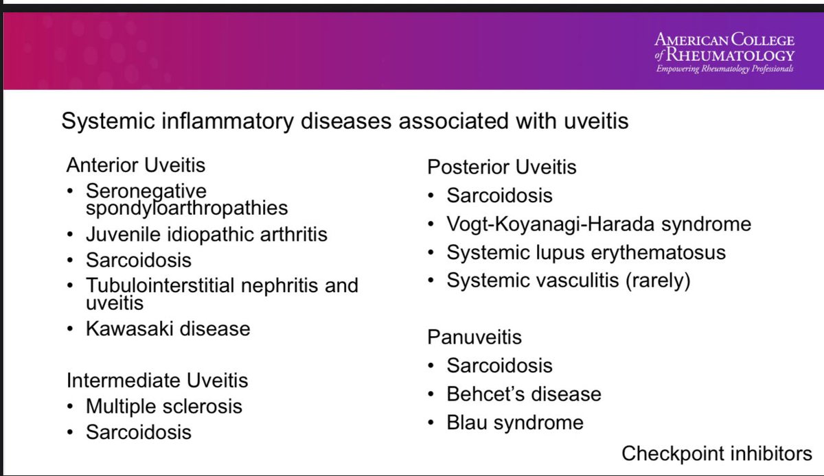 dr_immuno29's tweet photo. 🧠 Blast from the Past | #ACR25
Laura J. Kopplin, MD, PhD | Univ of Wisconsin–Madison
“Inflammatory Eye Disease: Diagnosis & Treatment Strategies”

👁️ When the eye tells the story of systemic inflammation…

→ Anterior: SpA, JIA, TINU
→ Intermediate: MS, Sarcoid
→ Posterior/Panuveitis: SLE, Behçet, VKH

💊 Advance beyond drops when:
• Bilateral / recurrent disease
• CME / posterior synechiae
• Steroid responder or >2× drops daily
• Pediatric cases

💉 Therapy pearls:
MTX ≈ MMF (FAST Trial)
Adalimumab = only FDA-approved non-steroid (VISUAL I–III)
Tocilizumab → refractory CME
Rituximab → scleritis/orbital inflammation

👁️ Think beyond topical—control inflammation, preserve vision.

#ACR25 #RheumTwitter #ACRambassador #Uveitis #Scleritis #InflammatoryEyeDisease #BlastFromThePast