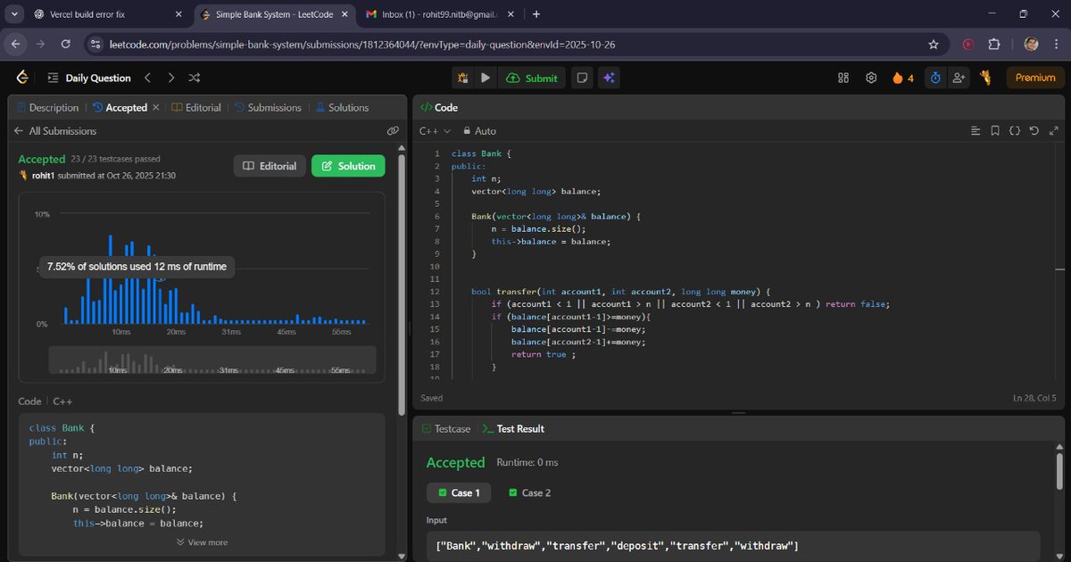 rohit1_x's tweet image. Day 66 of #100dayOfCode 
1. Leetcode potd,, simpl Bank system 
2. Design an ATM machine 🏧 
3. Deployd my portfolio webpage.. 
#CodingJourney #CodingLife