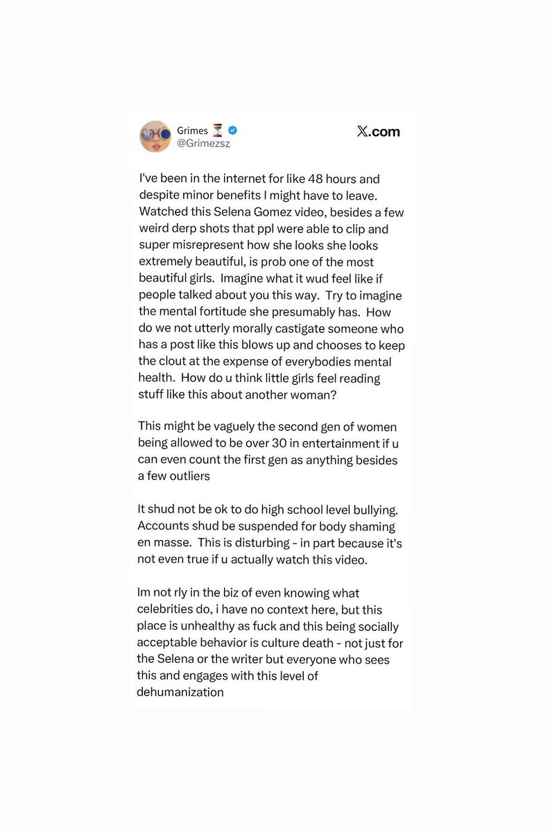 SELENAT0RSARMY's tweet photo. Grimes defends Selena Gomez amid body-shaming comments and fake update accounts about Selena.

“This place is unhealthy as fuck and this being socially acceptable behavior is culture death - not just for the Selena but everyone who sees this and engages with this level of dehumanization.”