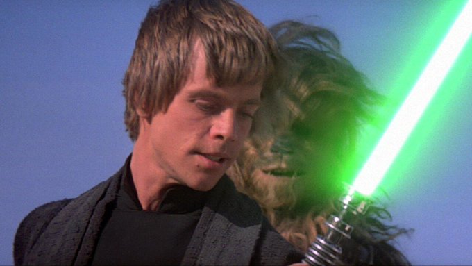 After losing his father’s lightsaber on Cloud City, Luke Skywalker constructed a replacement with a green plasma blade, its hilt similar to that of Obi-Wan Kenobi’s weapon. Luke hid his lightsaber inside R2-D2’s dome during his mission to rescue Han Solo from Jabba the Hutt, and