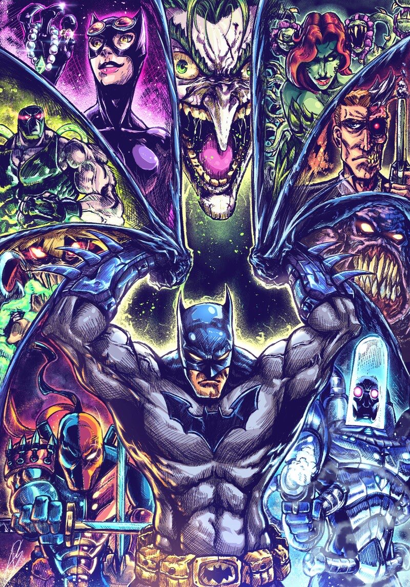 Angry_inks's tweet photo. @MojaveCourier06 Did this art a while back took some small liberties  with Batman and his rouge gallery. https://t.co/LLPDAIVPiA