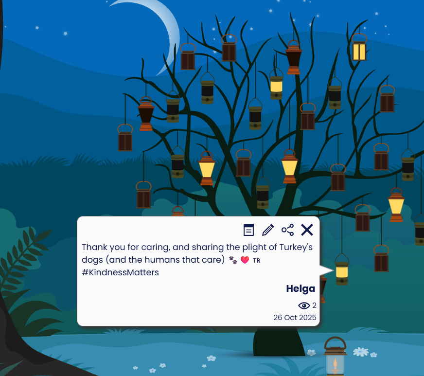 DogDeskAction's tweet photo. Hel lit a lantern and left a message on the #TheSilenced Lantern Tree 🕯️to show Turkey’s brave community carers they are not alone. 

 It’s free to light a lantern, will you light one too? 👇https://t.co/GwcZS9QLUx 

#CompassionIsNotACrime #WeKeepTheirNames https://t.co/MsmZWCnYtt