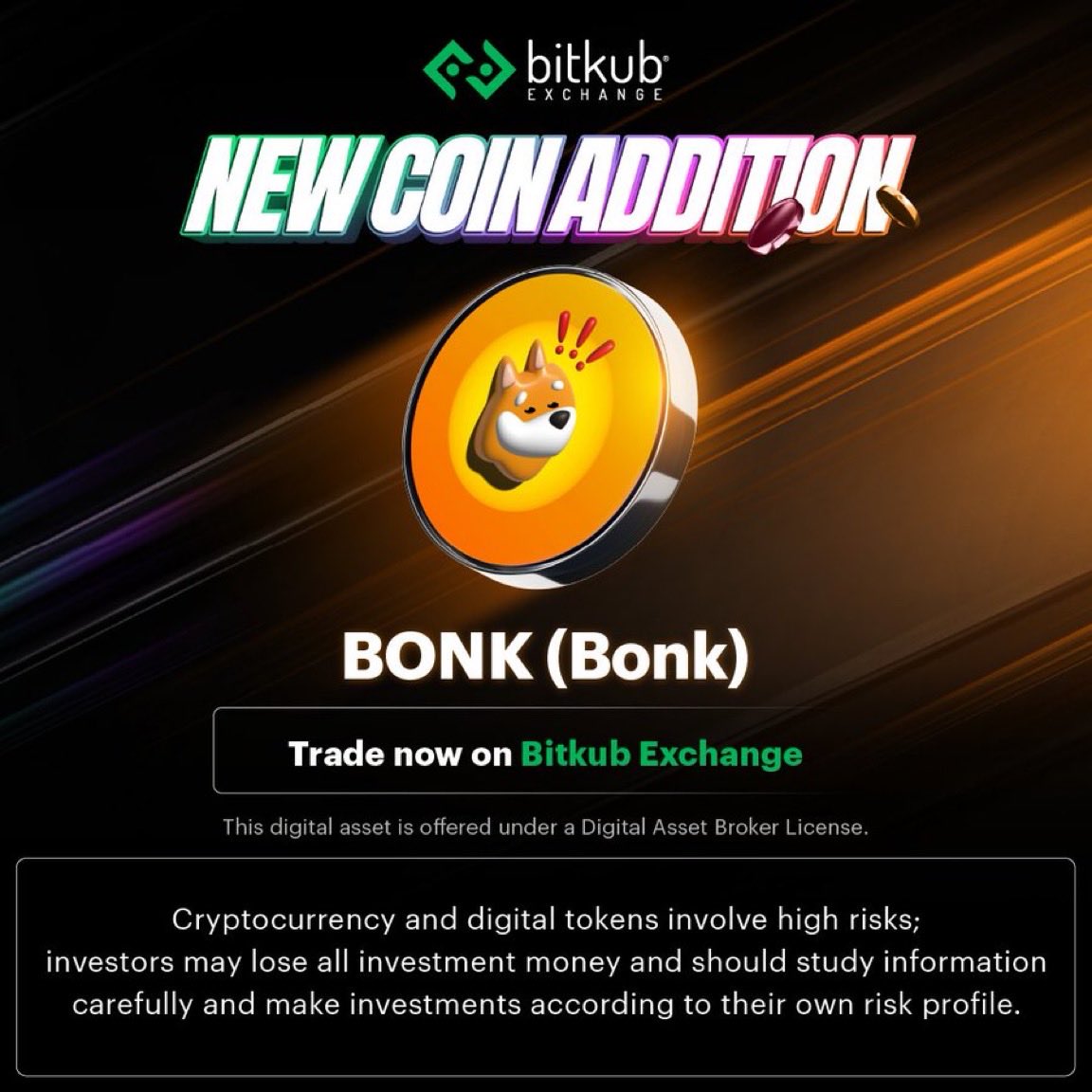 The Dog is joining the Thai community❗️❗️❗️

You can now trade $BONK on <a href="/BitkubOfficial/">Bitkub.com</a> with a BONK/THB (Thai Baht) pair!

bitkub.com/en/market/bonk