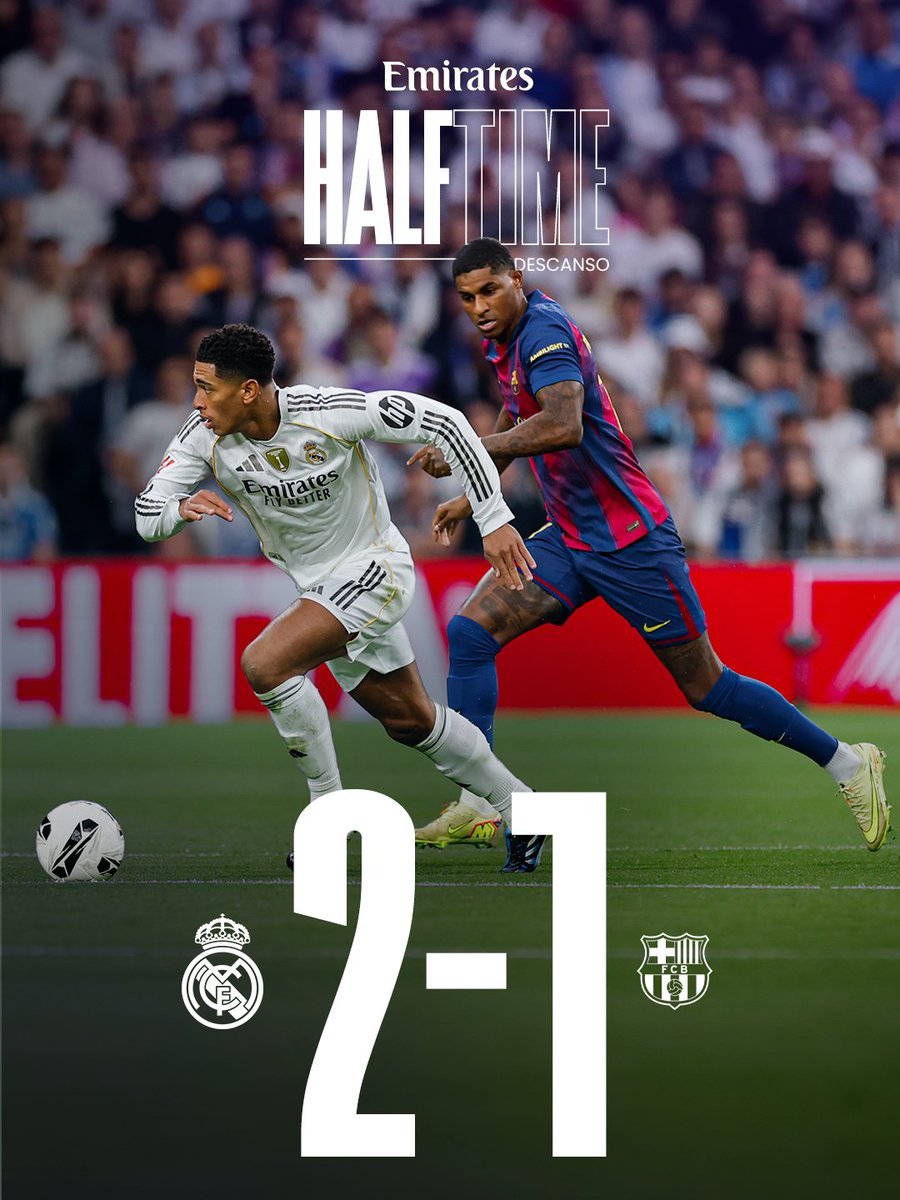 realmadriden's tweet image. ⏸️ HT: @RealMadridEN 2-1 @FCBarcelona 
⚽️ 22' @KMbappe 
⚽️ 38' Fermín
⚽️ 43' @BellinghamJude 
👉 @emirates