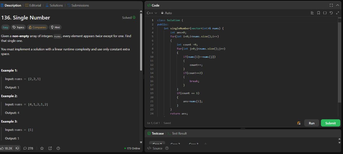 ANNISH_SEN's tweet image. Day 38 of my #LeetCode75 Challenge
Problem: Single Number (LeetCode 136)
#100DaysOfCode #LeetCode #DSA #CodingJourney #Cplusplus #CodeNewbie