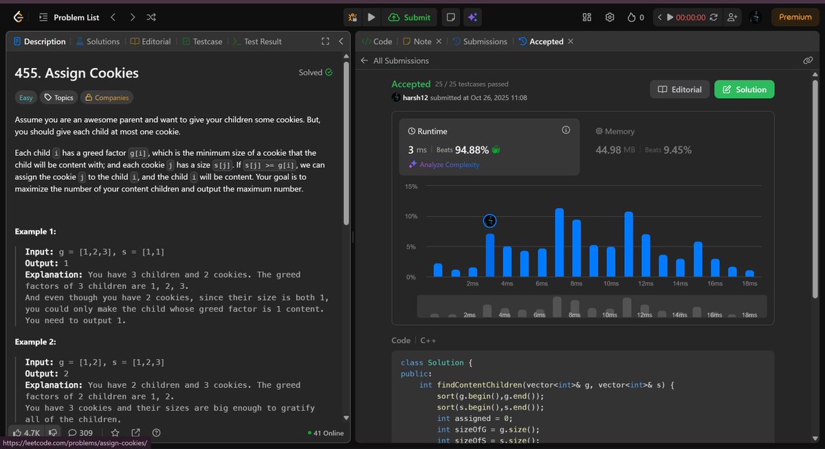 HarshChauh12662's tweet image. Day 174 of #365DaysOfCode Solved,
 Q455 – A classic Fast and Slow Pointer approach.
 Q948 – A Greedy + Two Pointer combo that really 
Need to revise the later One.
#100DaysOfCode  #LeetCode  #buildinginpublic  #daily  #CodingChallenge  #ProblemSolving #KeepCoding #ProgrammerLife