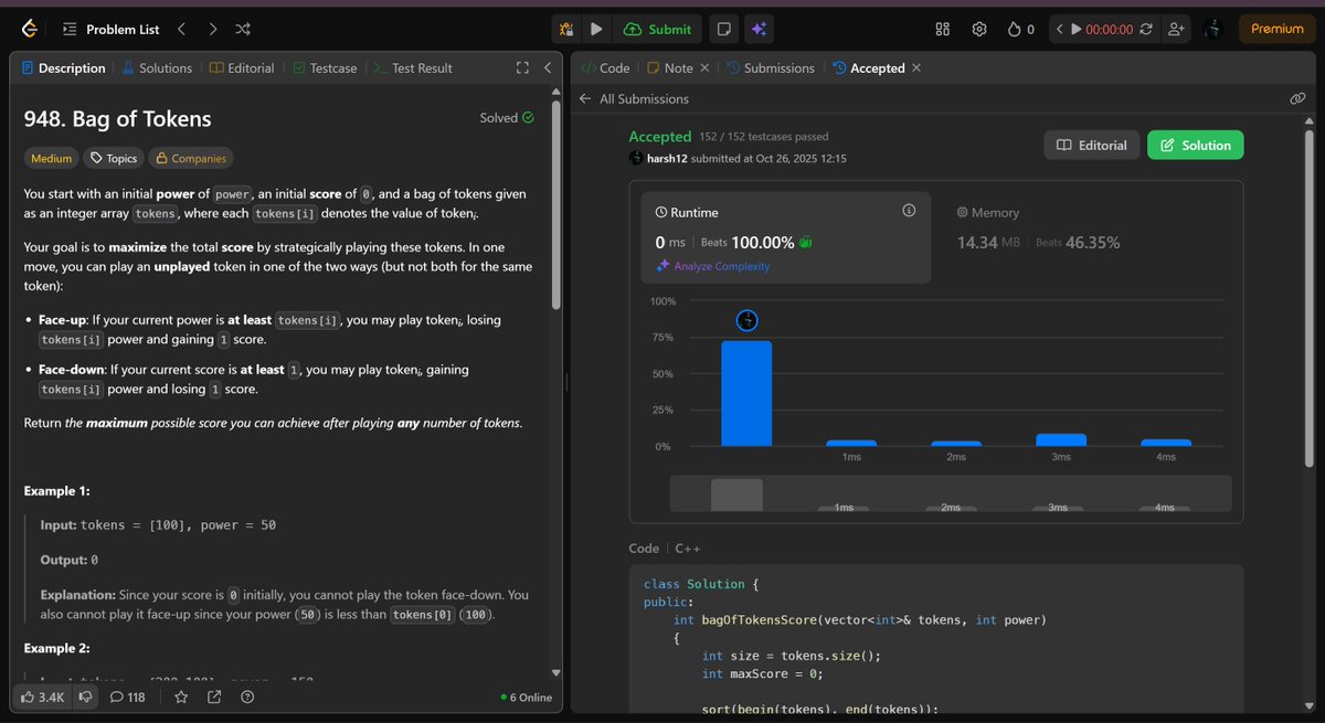 HarshChauh12662's tweet image. Day 174 of #365DaysOfCode Solved,
 Q455 – A classic Fast and Slow Pointer approach.
 Q948 – A Greedy + Two Pointer combo that really 
Need to revise the later One.
#100DaysOfCode  #LeetCode  #buildinginpublic  #daily  #CodingChallenge  #ProblemSolving #KeepCoding #ProgrammerLife