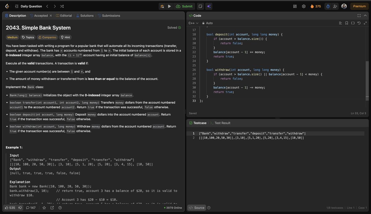 Sachin25660937's tweet image. 🌅 Day 14 of #100DaysOfCode
Got a bit late due to Chhath Puja, but didn’t break the streak!
Solved LC 2043 – Simple Bank System ✅
🏦 Clean class design
💳 Deposit/Withdraw/Transfer
✅ Validity checks
Consistency > perfection
#LeetCode #ChhathPuja #BuildInPublic #DSA