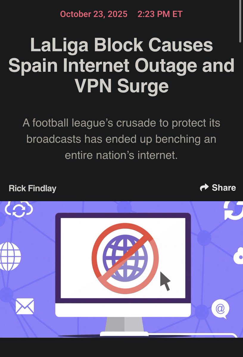 Spain’s LaLiga broke the internet again.

Its “anti-piracy” orders forced ISPs to block Cloudflare IPs, cutting access to countless legitimate sites, games, and services for millions to stop a few illegal football streams.

VPN signups surged 200% as Spaniards fought to stay