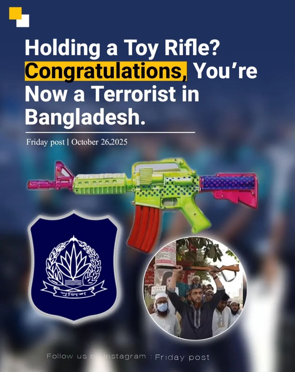 BabaYaga_313's tweet photo. Dhaka, Bangladesh — Police arrested a man for displaying a toy rifle during a rally demanding a ban on ISKCON, a Delhi-based extremist organization accused of abducting a mosque imam.

#Bangladesh #Dhaka #Hindutva #iskcon #bd #bangladeshi https://t.co/VN3mp8fLzm