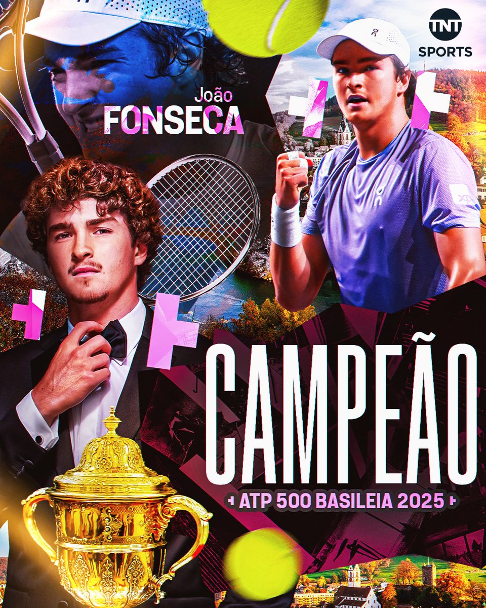 TNTSportsBR's tweet photo. JOÃO FONSECA É O NOME DELE! CAMPEÃOOOOOO! 🇧🇷🏆 O tenista brasileiro vence Davidovich Fokina no ATP da Basileia por 2 sets a 0. #Tênis https://t.co/ZEOILgJ8iA