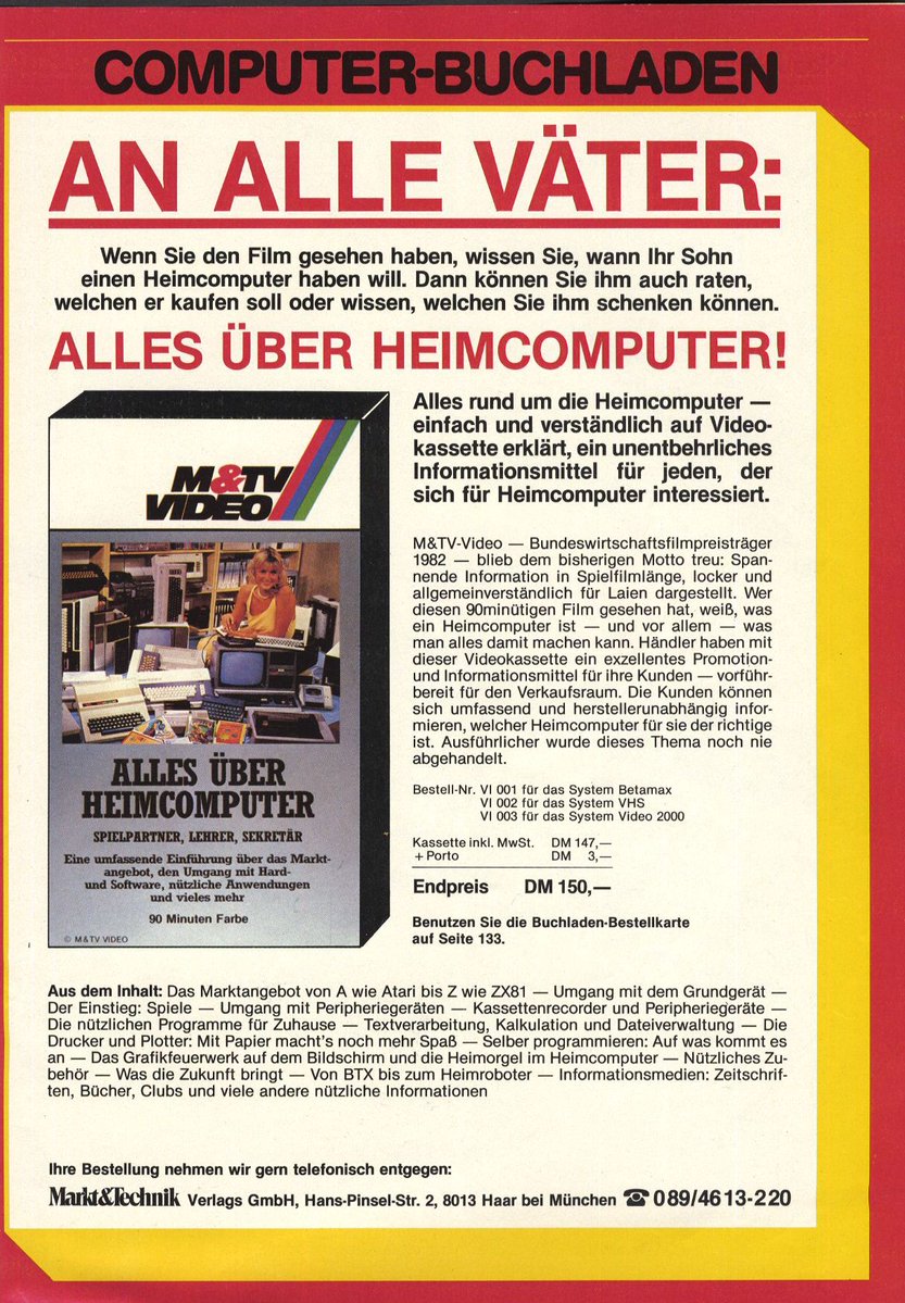 Retrojournal_de's tweet image. 1983: Wenn Papa noch wissen musste, was ein Heimcomputer ist – bevor er ihn dem Sohn schenkt.
📼 ‘Alles über Heimcomputer’ auf VHS, Betamax oder Video 2000.
Preis: 150 DM.
#RetroComputing #VHS #C64