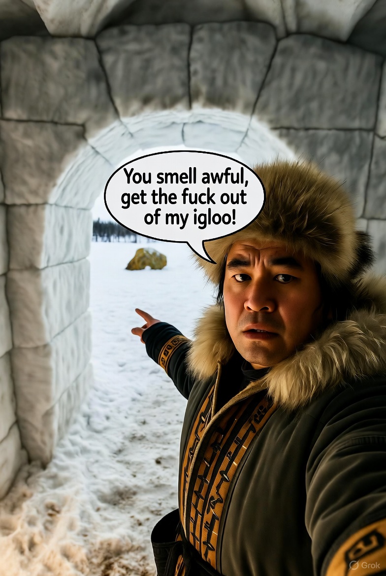 POV: The year is 19000 B.C. You are a proto-East Asian in Ice Age Siberia. The outdoor temperature is negative -80° C.  However, unlike your igloo-mates, you do not have the ABCC11 rs17822931 gene mutation variant for no body odor. They are tired of your stinkiness and you are