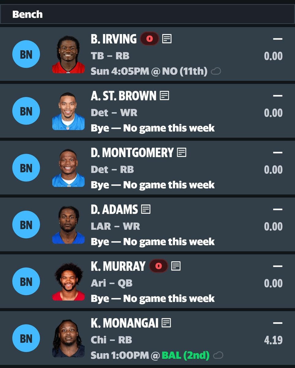 Gcarmi21's tweet image. Fantasy Football is brutal this week with "BYE-Maggedon" as many in the industry are calling it. 

My bench hurting. 

Starters = Next man up mentality 
#NFLFantasy