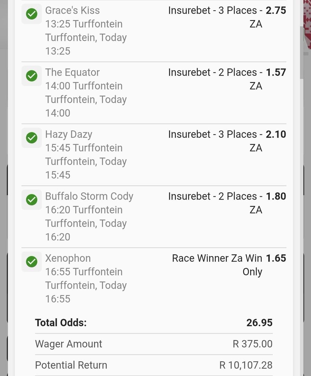 Turffontein Sunday

• David’s Double/Treble wins with a void ☑️
• My Analysis on the money 💰 

This week we have The Algoa Cup, The Breeders Cup and The Charity Mile.

Massive week with Massive opportunities to win! 

WhatsApp us now to get involved: 

+27 78 430 5316