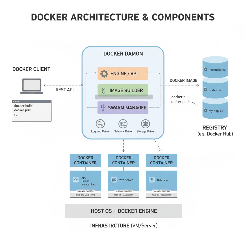 e_opore's tweet image. Docker Architecture & Components
Overview
→ Docker is a containerization platform that allows developers to package applications and their dependencies into lightweight, portable containers.
→ These containers ensure consistent application behavior across different…