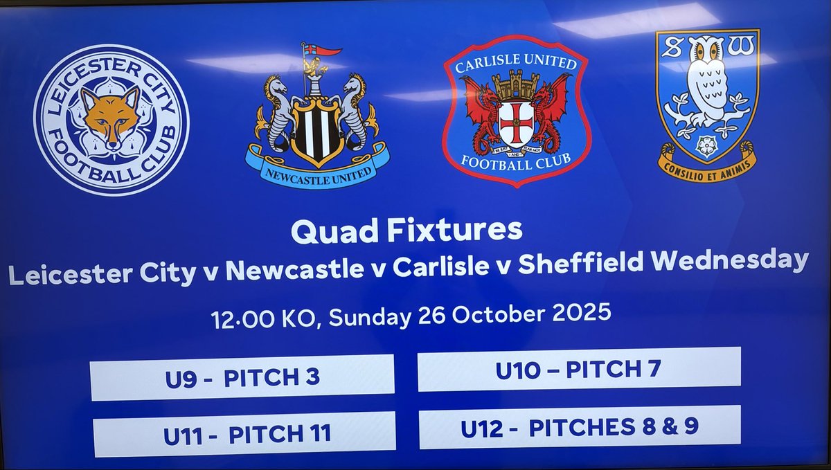 Fantastic day of Quad Festival fixtures for the 9-13’s age groups today!

Great fixtures against Newcastle, Sheffield Wednesday &amp; Leicester City! 

Tremendous facility at Leicester and great memories for the players &amp; families! 

🔵⚽️🔵