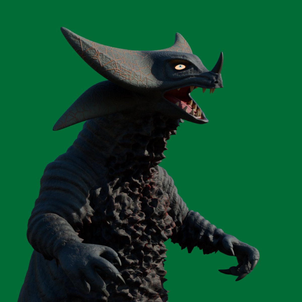 fox_3dmodeling's tweet image. 『ゴモラⅡ』完成！
ウルトラマン80 第22話「惑星が並ぶ日なにかが起こる」に登場。
ゴモラ族とは全く異なる別種で古代の爬虫類が地熱の影響で進化した姿。

子供の頃からなぜか本家ゴモラより好きな怪獣。
恐竜型の怪獣のくせにロケット弾とか撃つ。
#blender #blender3d #b3d #3DCG #ウルトラマン