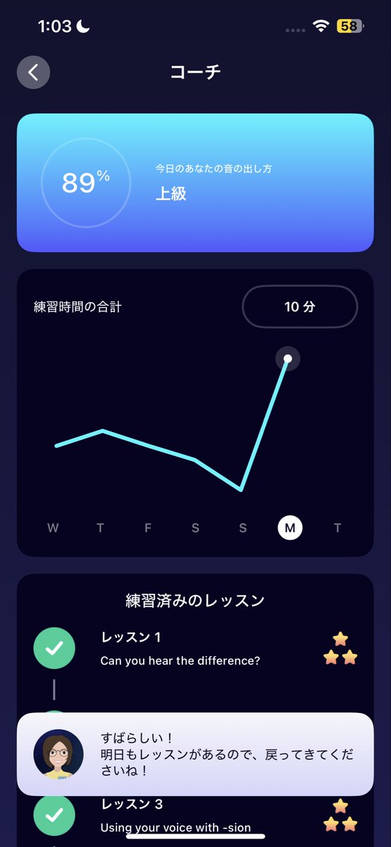 ・abceed
　→おすすめ問題など
・ELSA Speak
　→デイリーレッスン
・英語のハノン
　→初級
　　⚪︎16.5（1回目）

夜に30分だけ活動。
諸事情により英語のハノンロジック編はちょっとお休みする（まずは初級編を仕上げてしまいたい）
#自習部