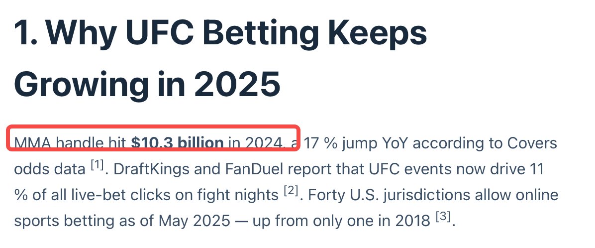 两点可以作为bulllish的补充：
1.UFC和NBA体量差异还是相对较大，收入角度来说，2024年UFC是NBA的1/10 （13亿美元 vs 113亿）；

但UFC/MMA背后的博彩市场创收非常可观，达103亿美元，而且$Fight 明确在明年年初有Prediction Market的计划，虽然二者不完全等价，但是都有赌的成分；