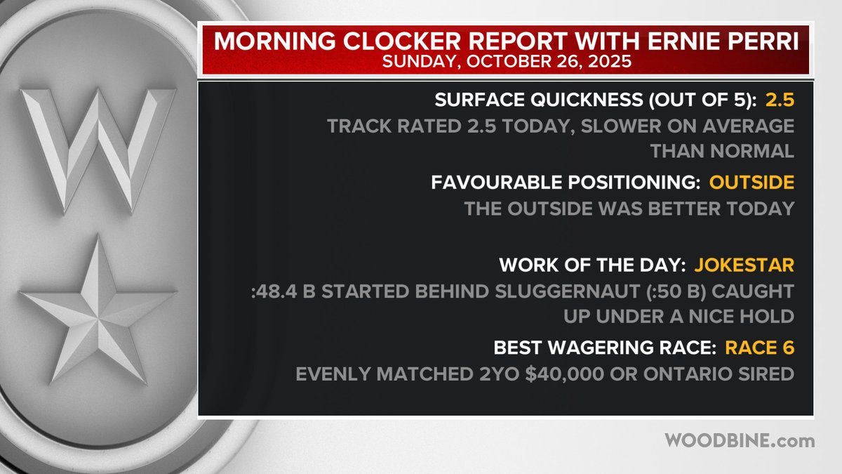 The October 26 <a href="/WoodbineTB/">Woodbine Racetrack</a> Morning report with <a href="/WoodbineClocker/">Ernie Perri</a> #BetWoodbineTB