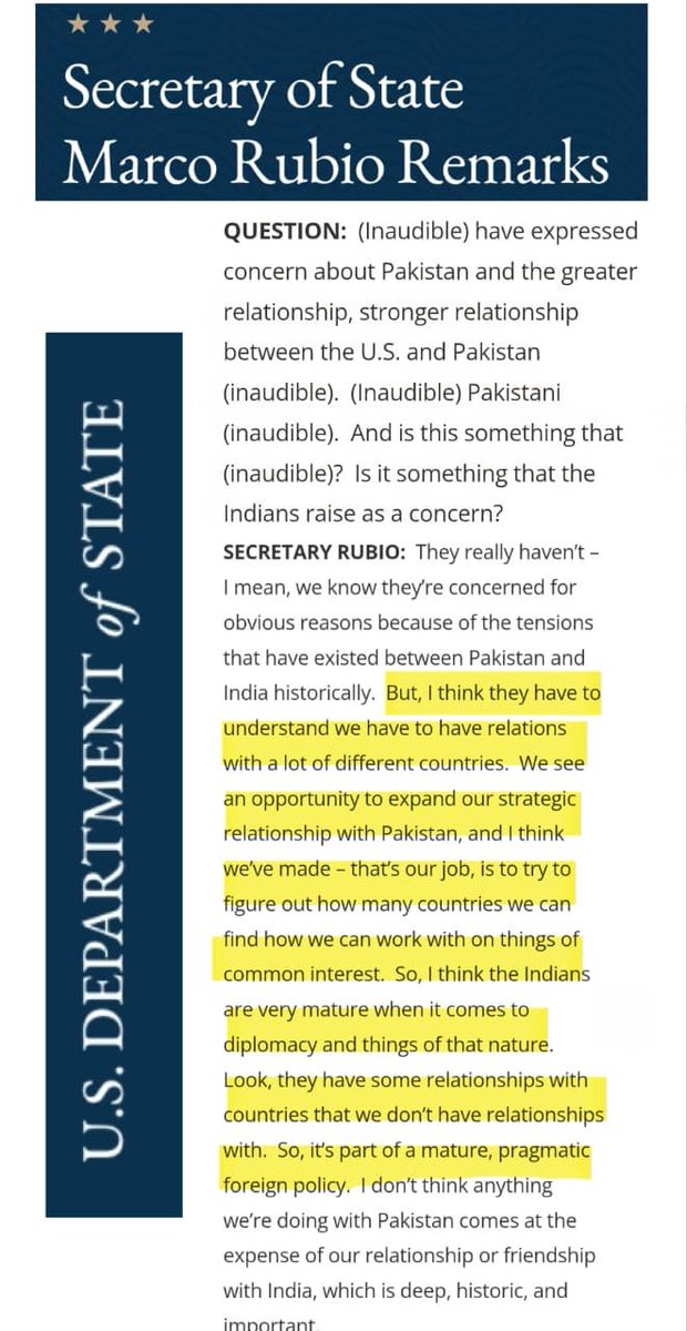 For years, Pakistan’s strategic relevance was sidelined in global discourse, particularly with the US. Through Shahbaz diplomacy and consistent engagement of the Field Marshal with Washington, Islamabad has reasserted its centrality. The U.S. Secretary of State’s remarks now