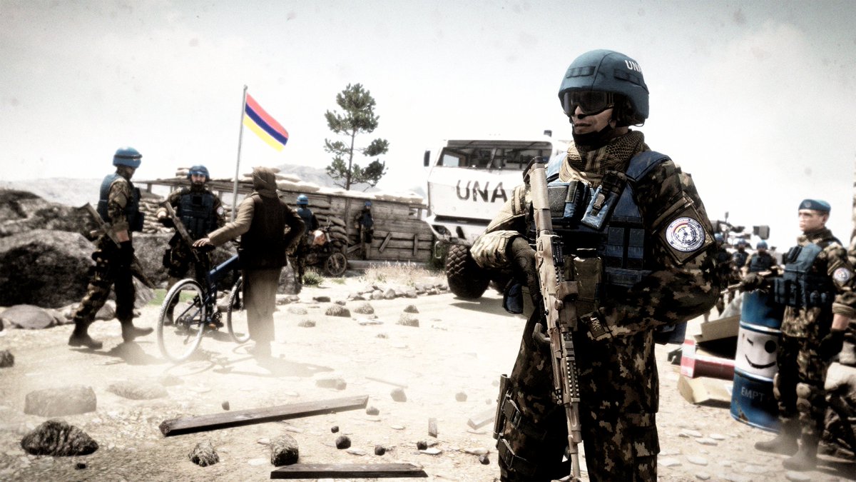 "Motherland, honor, devotion".

Picture of Armenian Peacekeepers from the 12th Peacekeeping Brigade during their Mission in Farabad, 2035.

#Arma3 
#Arma3Photography 
#ArmaPhotography