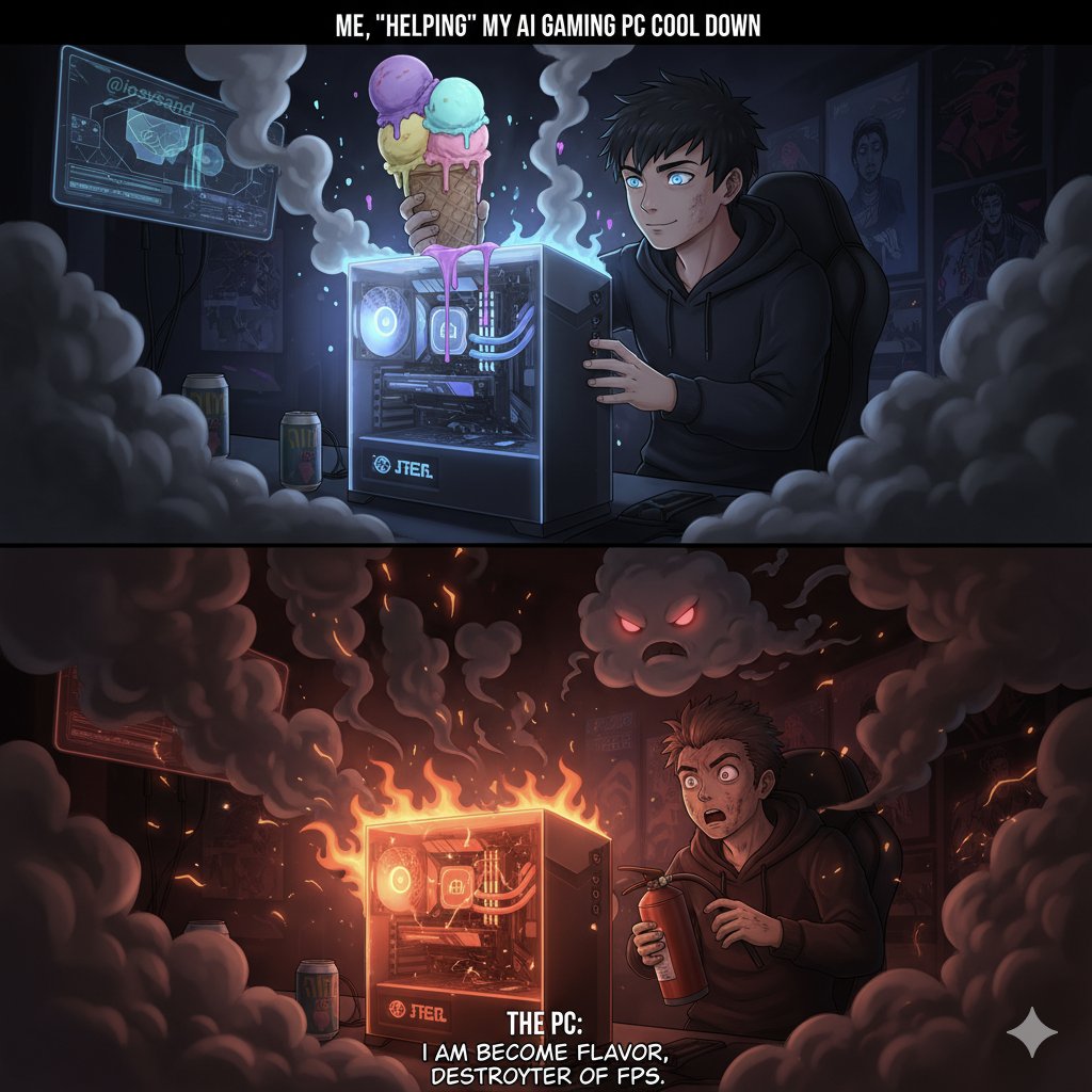 iosvsand's tweet image. When you think you're a tech wizard but your PC has other plans. 😅 Pretty sure ice cream is not in the instruction manual. #GamingLife #PCTroubles #AIProblems 🖥️💥