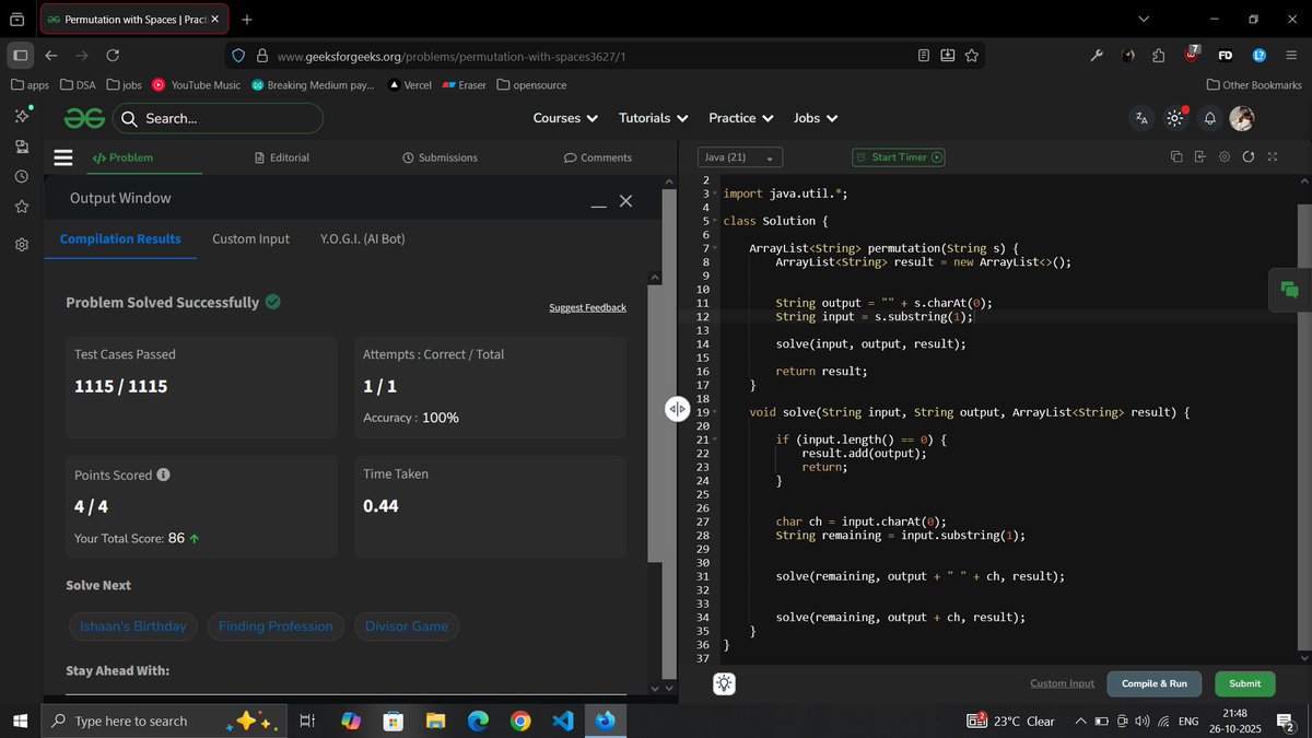 janvi_0x's tweet image. Today’s Progress Update
• Couldn’t do much today — didn’t have access to laptop
• Solved Permutation with Spaces
#100DaysOfCode #DSA #Python #CodingJourney #Consistency