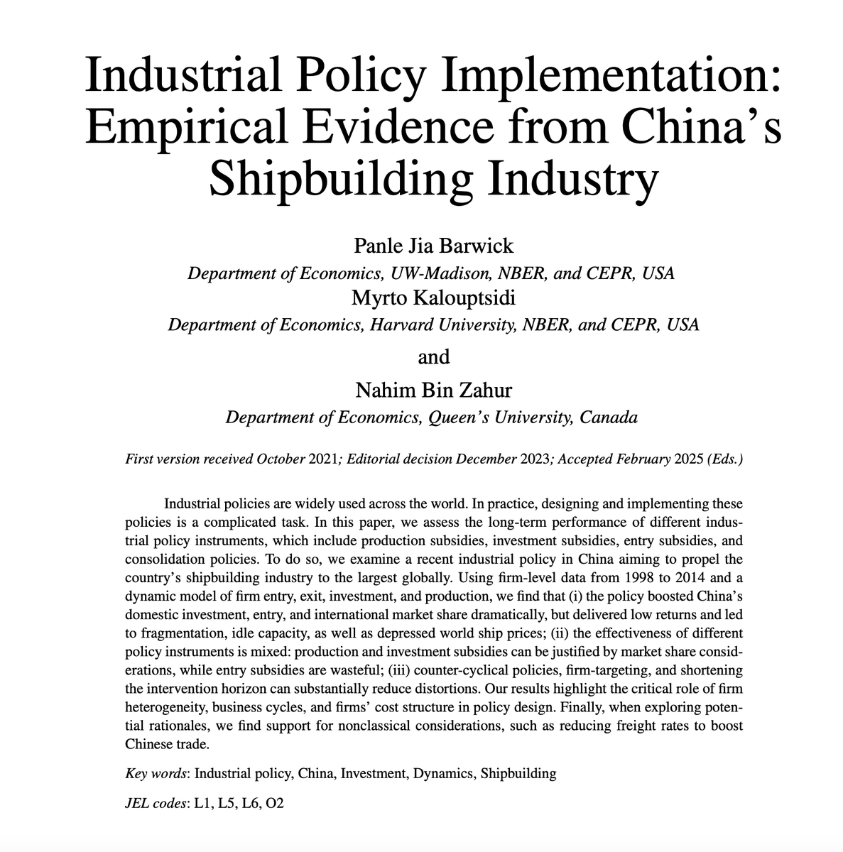 [Reading Group IP week 5] Last week, we covered the 2025 Restud paper by P. Jia-Barwick, M. Kalouptsidi, N. Zahur, “Industrial Policy Implementation: Empirical Evidence from China’s Shipbuilding Industry.”  
They assess the long-term impact of various IP tools/subsidies