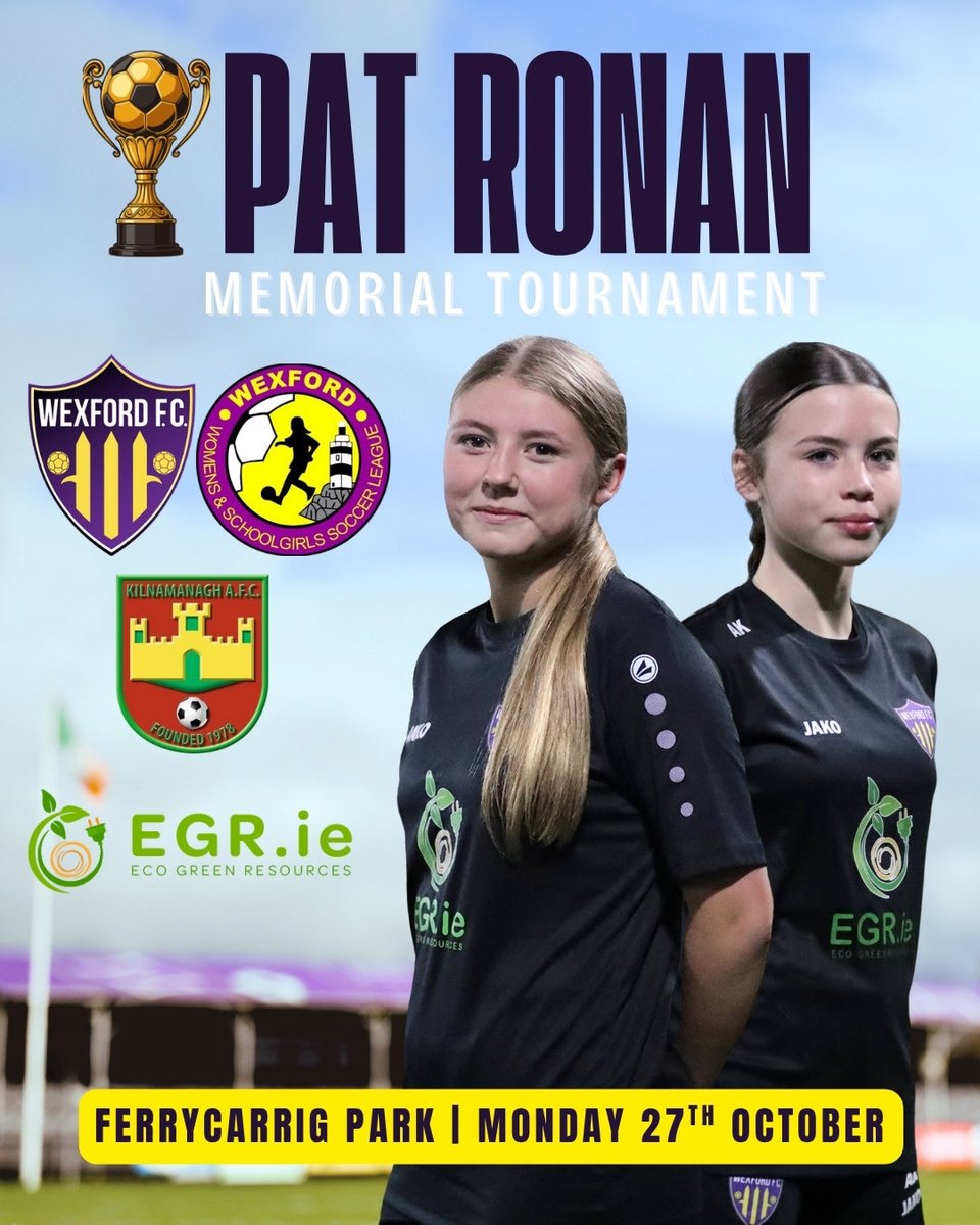🏆 𝐏𝐀𝐓 𝐑𝐎𝐍𝐀𝐍 𝐌𝐄𝐌𝐎𝐑𝐈𝐀𝐋 𝐓𝐎𝐔𝐑𝐍𝐀𝐌𝐄𝐍𝐓

Tomorrow we are looking forward to hosting the Pat Ronan Memorial Tournament with our Wexford FC Development Academy teams welcoming the Wexford Gaynor Cup team &amp; Kilnamanagh AFC to Ferrycarrig.

⚽️ KO 10am.

All