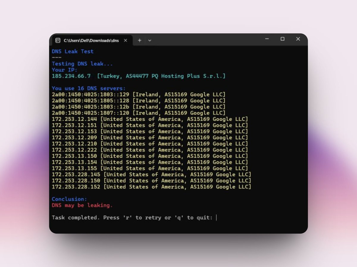 ircfspace's tweet image. ابزار DNS Leak Test برای بررسی امنیت درخواستهای DNS طراحی شده. با این ابزار میتونین بفهمین آیا کوئریهای DNS شما بهجای عبور از VPN، مستقیم از طریق ISP ارسال میشن یا نه.
این برنامه روی ویندوز، مکاواس، لینوکس و همینطور اندروید (از طریق ترموکس) قابل اجراست و بهتون کمک میکنه از…
