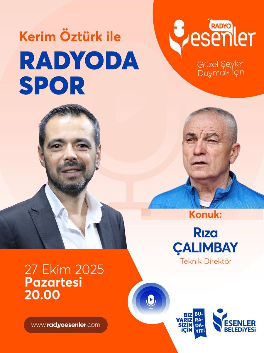 Futbolun perde arkası bu yayında!
27 Ekim 2025 Pazartesi, 20.00 Kerim Öztürk ile Radyoda Spor’da konuğumuz Rıza Çalımbay!

📻 Radyo Esenler radyoesenler.com