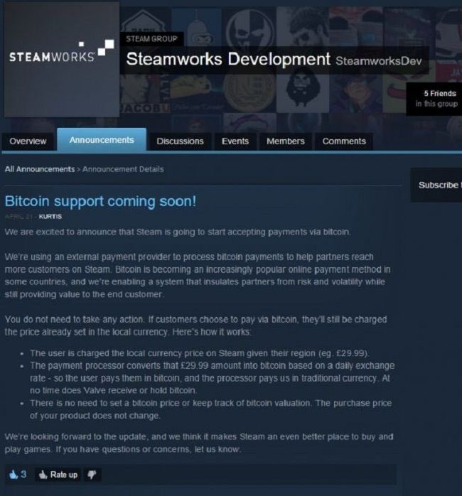 Steam Bitcoin Support Announcement Screenshot