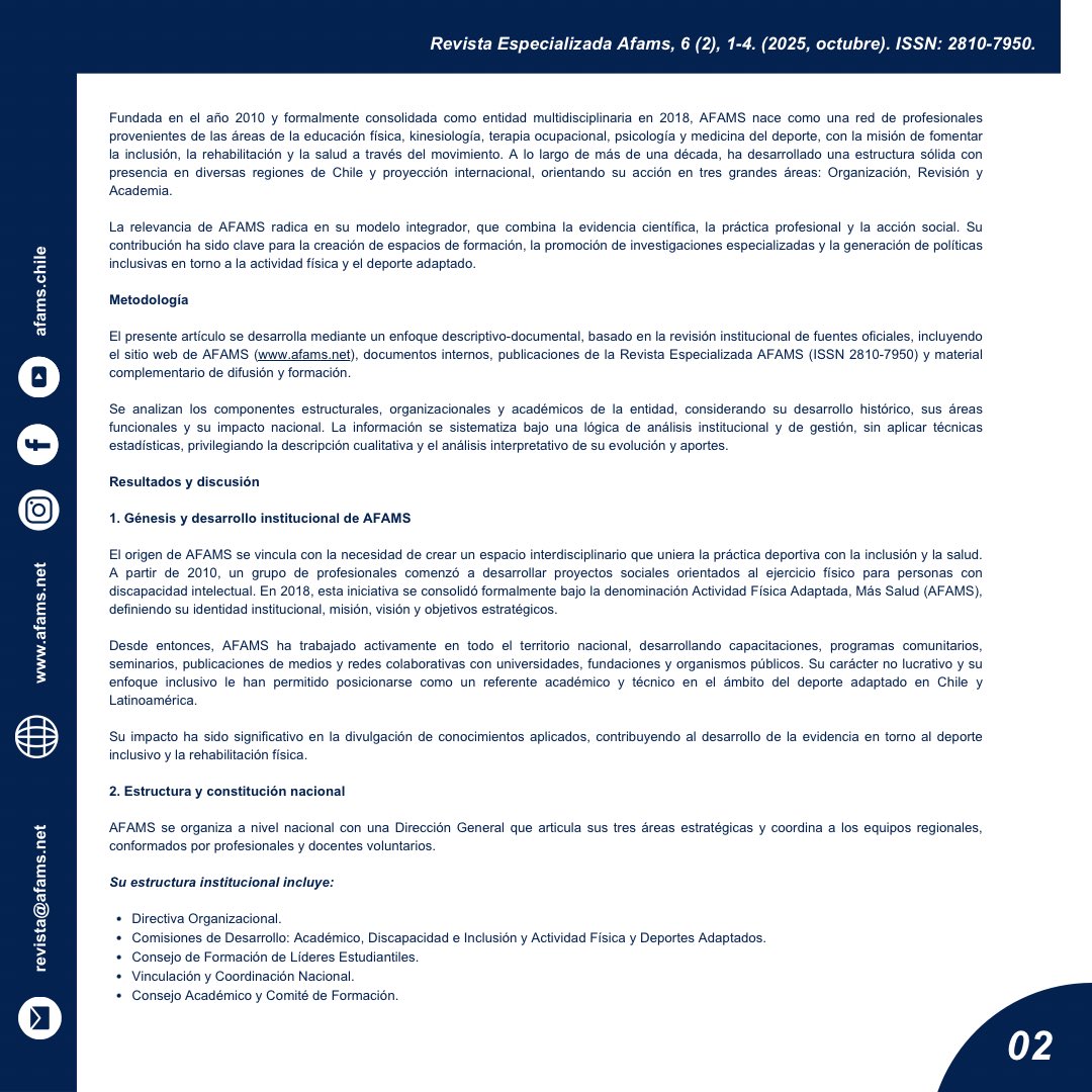 afamsoficial's tweet image. 🎉 Ya disponible Art. Nº43 en AFAMS: AFAMS: estructura, génesis y consolidación de un modelo nacional de Actividad Física Adaptada y Más Salud. 💪🌎 Promoviendo inclusión, formación e investigación en discapacidad.

#AFAMS #DeporteAdaptado #Inclusión #SaludYMovimiento