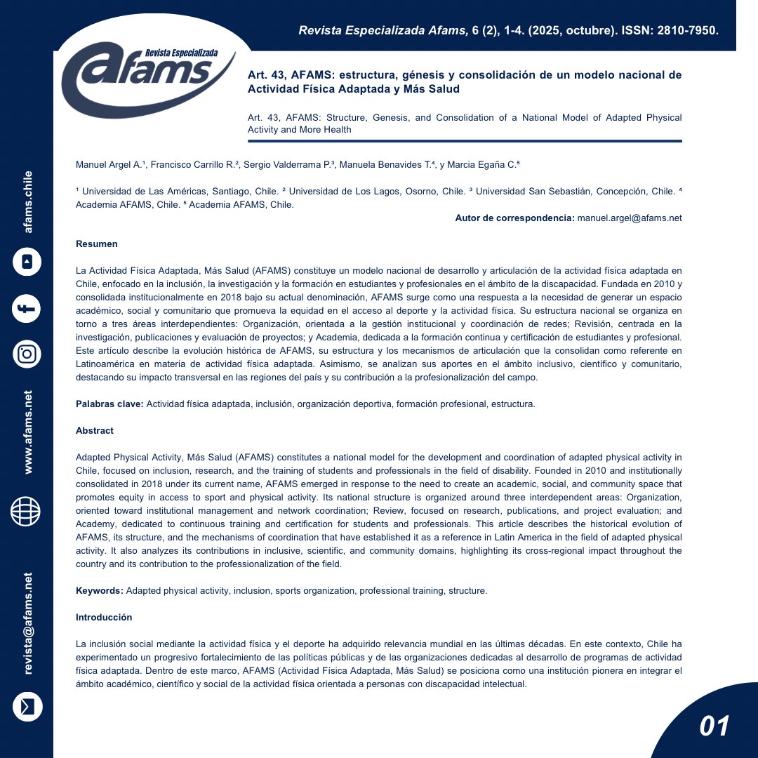 afamsoficial's tweet image. 🎉 Ya disponible Art. Nº43 en AFAMS: AFAMS: estructura, génesis y consolidación de un modelo nacional de Actividad Física Adaptada y Más Salud. 💪🌎 Promoviendo inclusión, formación e investigación en discapacidad.

#AFAMS #DeporteAdaptado #Inclusión #SaludYMovimiento