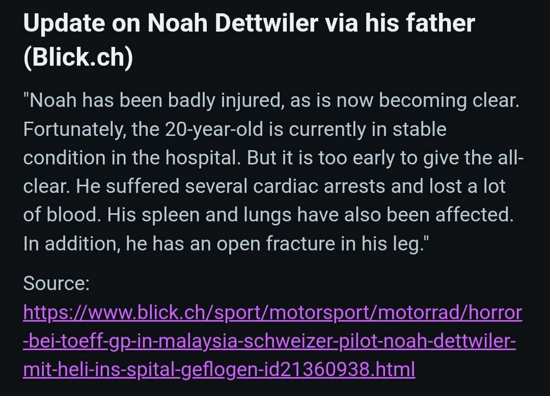 Horrendous incident this morning during the warm up lap of the moto3 race In Malaysia 

Long road ahead for Noah 🙏🙏