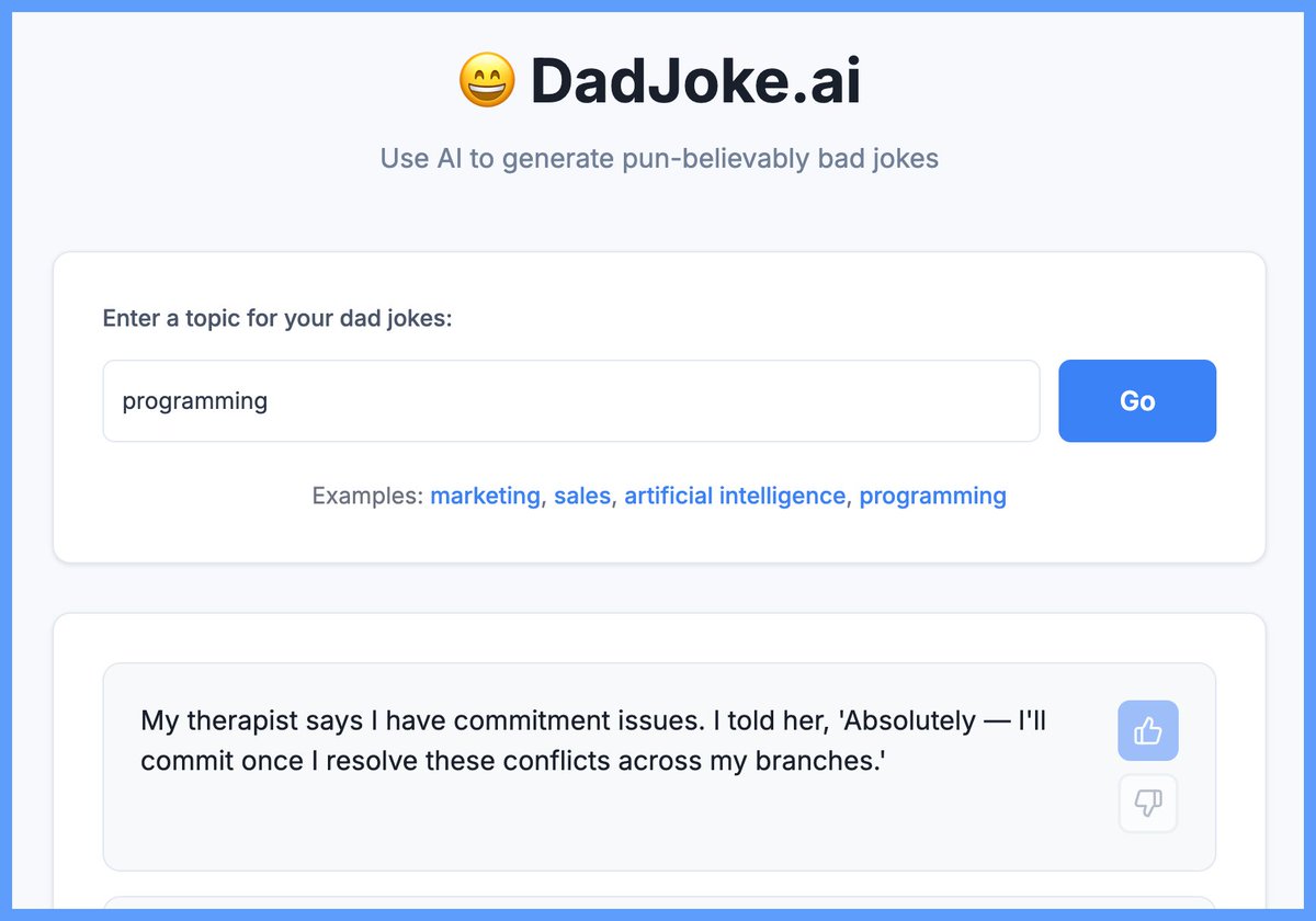 dharmesh's tweet image. BREAKTHROUGH! I toiled for years. I tweaked the prompts. I tinkered with context engineering. I tastefully provided lots of training data. Now, I think I (almost) finally have it.
An AI-powered dad joke generator that occasionally generates a not-that-awful dad joke (and…