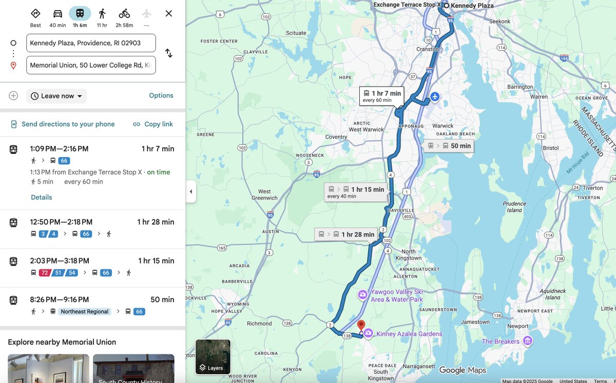 _KennyUong_'s tweet image. Thanks a lot @GovDanMcKee for making it even harder to visit South County on weekends by transit. I’d have to take RIPTA Route 66 from Providence to URI Kingston and then try to book a Flex On Demand 203 ride to continue onwards to Wakefield. It’s not even available right now!😪