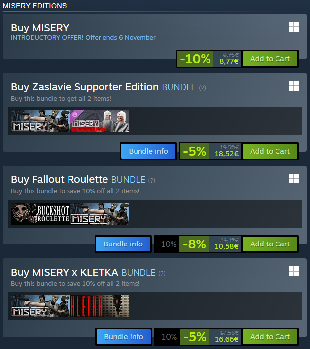MISERYsurvival's tweet photo. MISERY is already trending, and it’s all thanks to your incredible support!

Enjoy the launch discount and our special themed bundles — including a brand-new collab with KLETKA, featuring crossover outfits available in both games.

We’ve also got a bundle with Buckshot Roulette — perfect for those who crave chaos and danger.

And for those who want to support the development even more, check out the Zaslavie Support Edition — it comes with a unique white fur ushanka (no bonuses, just pure style).

This is only the beginning, more updates and new content are on the way.

Welcome to MISERY!

#indiegame #steamgame #MISERY #gamerelease #newgame #indiedev #gamedev #survivalgame #coopgame #buckshotroulette #KLETKA