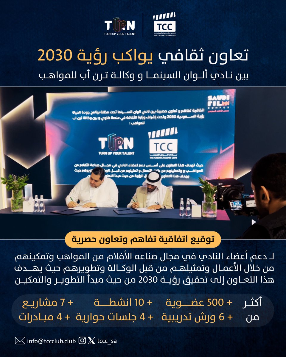 #عاجل
#خبر_صحفي 

تعاون ثقافي يواكب رؤية 2030 بين نادي ألوان السينما و ترن أب إيجنسي للمواهب

في إطار فعاليات منتدى الأفلام السعودي، أعلن نادي ألوان السينما، تحت مظلة برنامج جودة الحياة وبإشراف وزارة الثقافة، عن توقيع اتفاقية تفاهم وتعاون حصرية مع ترن أب ايجنسي للمواهب (Turn Up