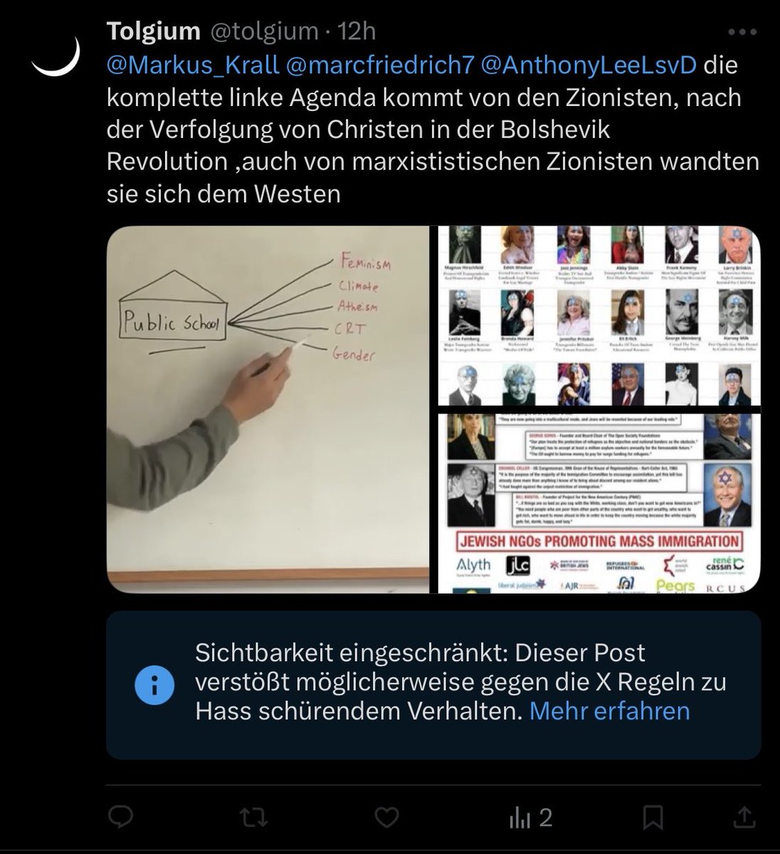 tolgium's tweet image. @elonmusk @Markus_Krall @marcfriedrich7 @AnthonyLeeLsvD Why is X's algorithm censoring my post exposing that Zionists are behind the leftist agenda and mass migration? #Xalgorithm #censorship