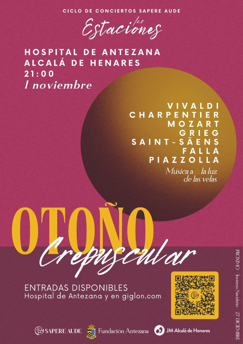 Otoño Crepuscular, a la luz de las velas, Ciclo las Cuatro Estaciones, la magia de la música y la luz en la iglesia del Hospital de Antezana 🎻🎻🏛️ fundacionantezana.es/events/concier…
#FundaciónAntezana 1483, Alcalá de Henares #AlcaláEnamora #España #Spain