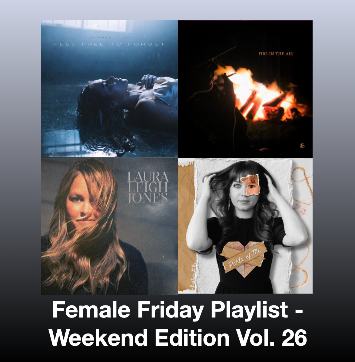 NEW #FemaleFriday Top #NewCountryMusic Releases

<a href="/DariannLeigh/">Dariann Leigh</a> Feel Free To Forget
#BluWatersMusic Fire in the Air
<a href="/LauraLeighJones/">Laura Leigh Jones</a> Undertaker
<a href="/JustineGiles/">Justine Giles</a> Parts of Me

#Spotify
rb.gy/d592xm

#NewMusic2025 #CountryMusic #WomenOfCountry