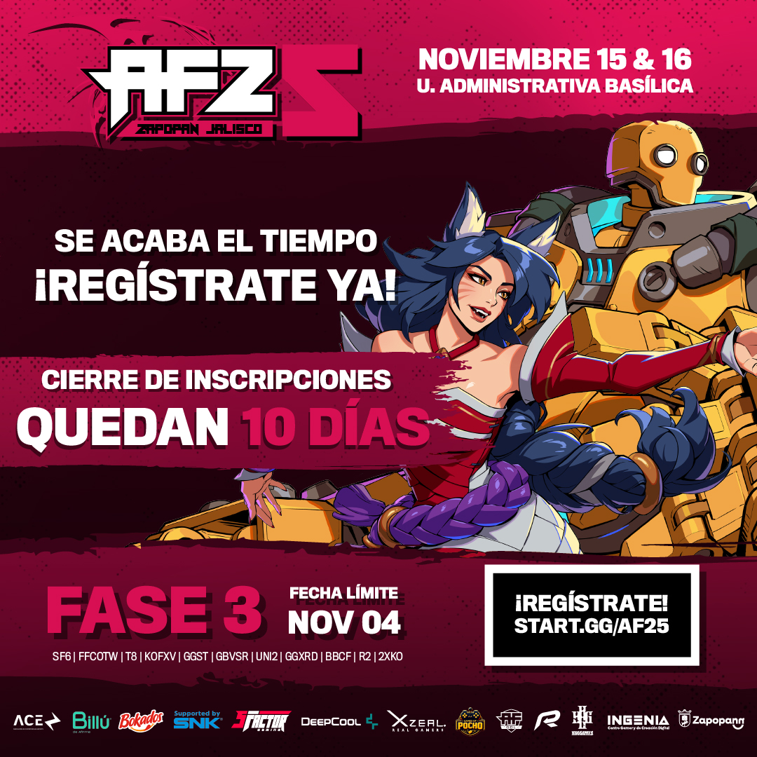 🚨ÚLTIMOS 10 DÍAS🚨

Las inscripciones de #AF25 están por cerrar, asegura tu lugar en la fiesta y compite por la gloria en Zapopan 👊

📅16 y 17 de Noviembre
🌎Zapopan, Jalisco

¡Inscríbete ya, se acaba el tiempo!
📝Enlace en los comentarios