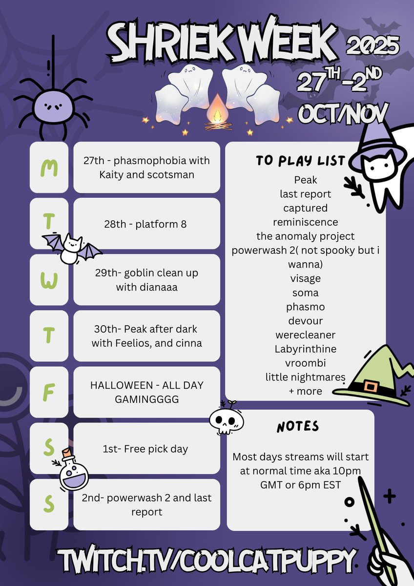 After a week with a fever and a sinus infection I finaly had the energy to finish this years SHRIEK WEEK Schedule !!!!
I'll be playing spooky games all week, both alone and with some super sweet friends.
And i'll be using my heartrate monitor!!! 
#Vtuber #streamer #Halloween2025